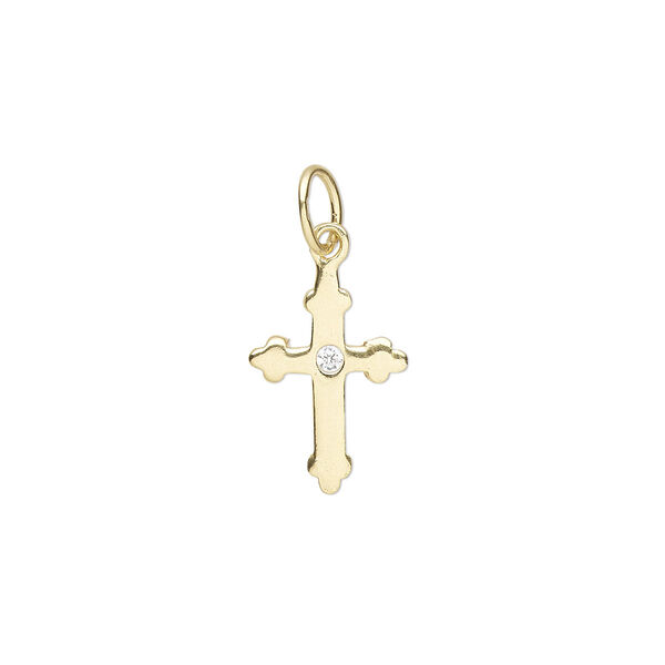 Drop, gold-plated sterling silver and cubic zirconia, clear, 13x9mm single-sided cross. Sold individually. image number 0