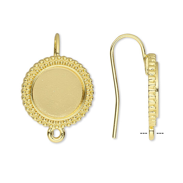 Ear wire, gold-finished brass, 23mm fishhook with 12mm beaded round setting and closed loop, 18 gauge. Sold per pkg of 5 pairs. image number 0
