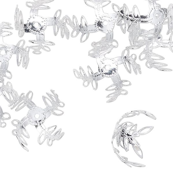 Bead cap, anodized aluminum, silver, 15x11mm leaves with cutout design, fits 20mm bead. Sold per pkg of 24. image number 0