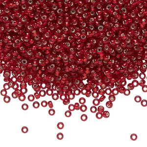 Seed bead, Miyuki, glass, pkg/250g, #11 rocaille, opaque silver-lined dark cranberry, (RR-11D).