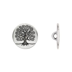 Button, TierraCast®, antique silver-plated pewter (tin-based alloy), 16mm flat round with tree of life and loop. Sold per pkg of 2.
