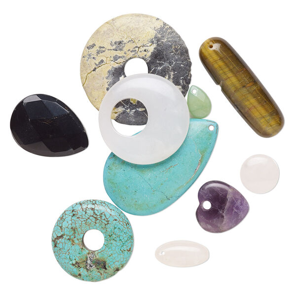 Bead / drop / focal mix, multi-gemstone (natural / dyed / coated / manmade / imitation) and glass, mixed colors, 13x12mm-45x45mm mixed shape, C grade. Sold per pkg of 10. image number 0