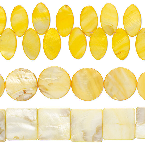 Bead mix, mother-of-pearl shell (dyed), yellow, 19x8mm-30mm top- and center-drilled mixed shapes with 0.6-0.8mm hole, Mohs hardness 3-1/2. Sold per pkg of (3) 15-inch strands. image number 0