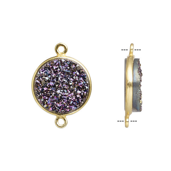 Link, titanium- / electro-coated druzy agate (coated) / gold-finished sterling silver, purple, 15mm hand-cut single-sided flat round. Sold individually. image number 0