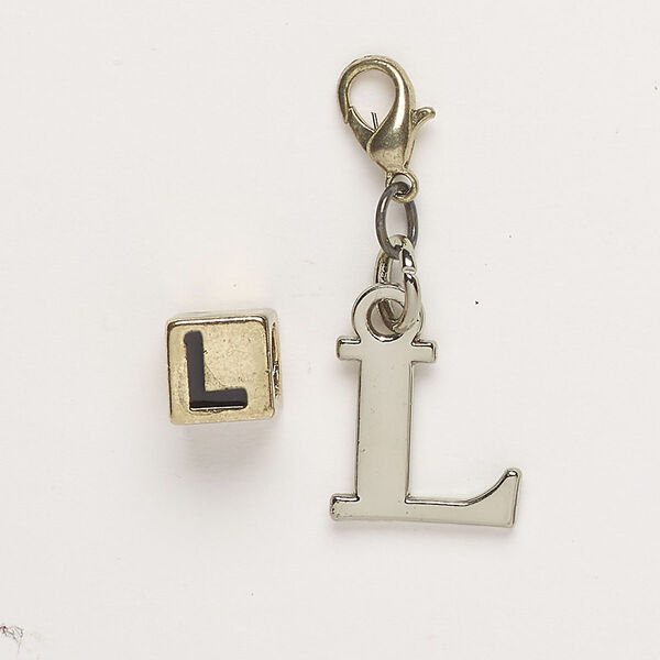 Bead and charm, brass-finished "pewter" (zinc-based alloy) / steel / enamel, black, 7mm cube with alphabet letter "L" and 13x12mm alphabet letter "L" with lobster claw clasp. Sold per pkg of 2. image number 0