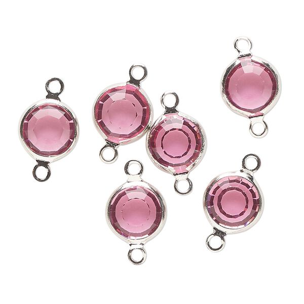 Link, Vintage Crystal™, crystal and imitation rhodium-finished brass, rose, 9mm round. Sold per pkg of 6. image number 0