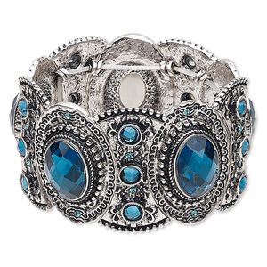 Bracelet, stretch, acrylic and antique silver-finished "pewter" (zinc-based alloy), blue, 38mm wide with oval design, 6 inches. Sold individually.