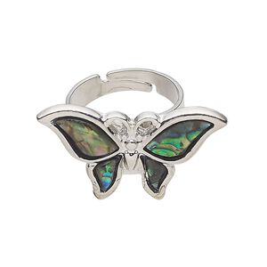 Ring 1pkg1 "pewter" (zinc-based alloy) / steel / paua shell, 30x17mm-30x18mm butterfly, silver finish natural