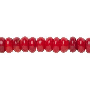 Bead, bamboo coral (dyed), red, 8x3mm-8x4mm hand-cut rondelle, B- grade, Mohs hardness 3-1/2 to 4. Sold per 15-1/2" to 16" strand.