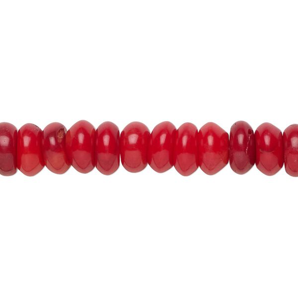 Bead, bamboo coral (dyed), red, 8x3mm-8x4mm hand-cut rondelle, B- grade, Mohs hardness 3-1/2 to 4. Sold per 15-1/2" to 16" strand. image number 0