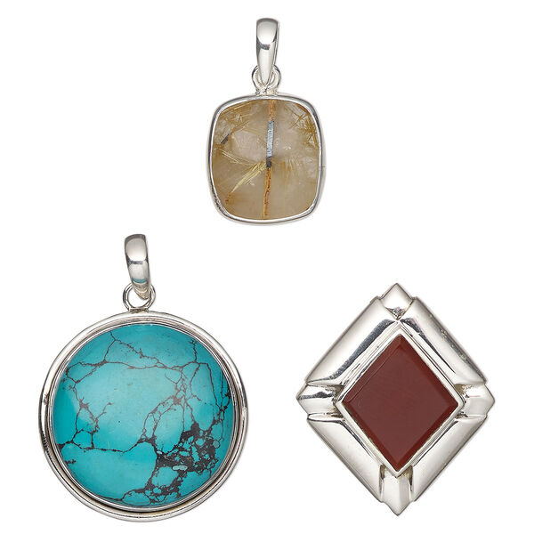 Pendant mix, multi-gemstone (natural / bleached / dyed / stabilized / heated / manmade) and sterling silver, multicolored, 36x25mm to 3x3-inch mixed shape. Sold per pkg of 3. image number 0