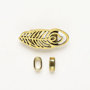 Slider bead 1pkg3, antique gold-finished brass and stainless steel, 46x20mm peacock feather / 13x5mm-13x6mm textured rondelle.