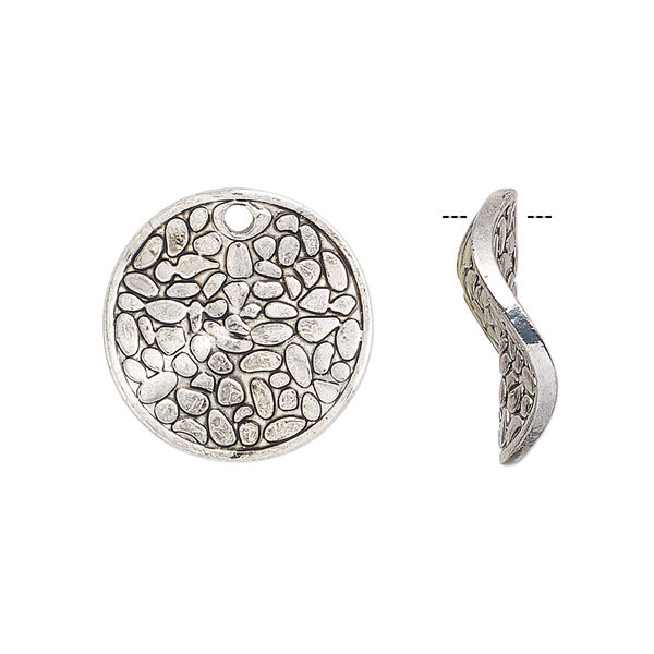 Drop, antique silver-finished "pewter" (zinc-based alloy), 18mm double-sided wavy flat round with cobblestone design. Sold per pkg of 6. image number 0