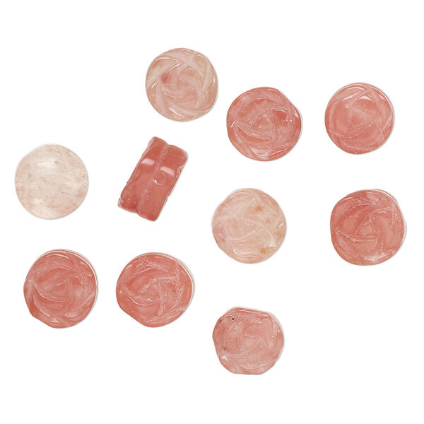 Bead, cherry "quartz" (glass), translucent, 11-13mm carved flower. Sold per pkg of 10. image number 0