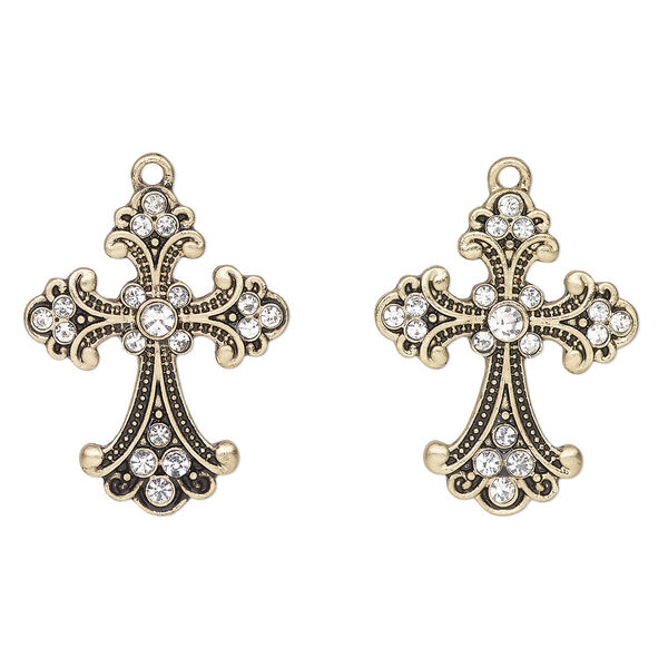 Focal, antique gold-finished "pewter" (zinc-based alloy) and glass, clear, 30x24mm fancy cross. Sold per pkg of 2. image number 0