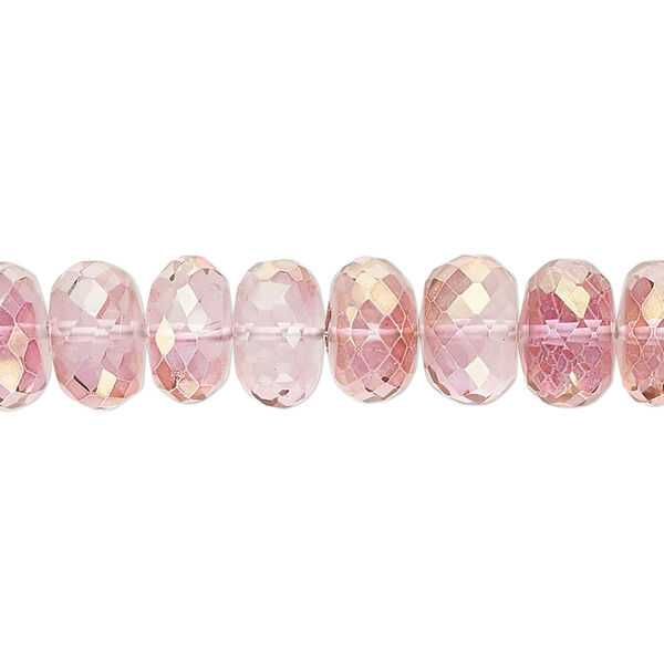 Bead, quartz crystal (coated), pink and peach, 10x5mm-11x7mm hand-cut faceted rondelle, B grade, Mohs hardness 7. Sold per 7-inch strand, approximately 30 beads. image number 0