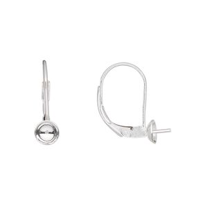 Ear wire leverback 1pkg2 sterling silver, 18mm / 5mm cup / 6mm peg / 6-8mm round half-drilled setting, 1 pair
