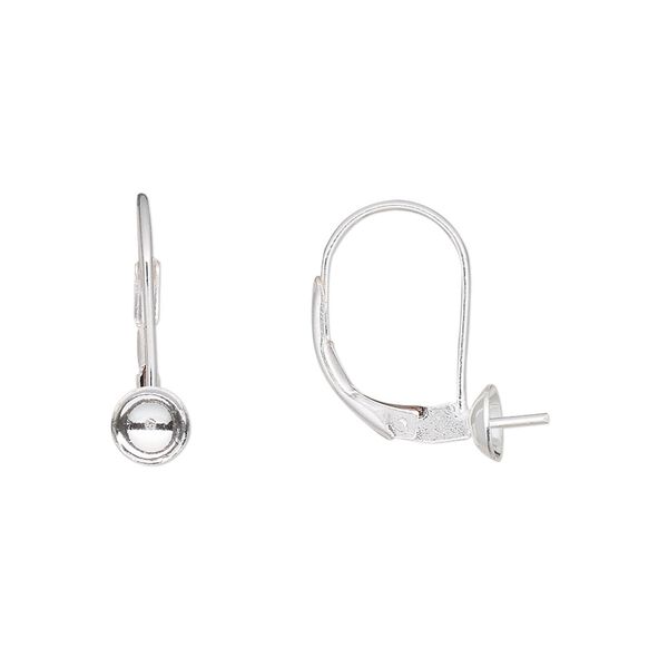 Ear wire leverback 1pkg2 sterling silver, 18mm / 5mm cup / 6mm peg / 6-8mm round half-drilled setting, 1 pair image number 0
