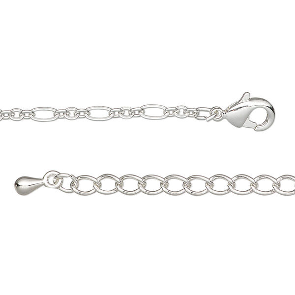 Chain, silver-plated steel and brass, 2.5mm figaro, 18 inches with 2-inch extender chain and lobster claw clasp. Sold individually. image number 0