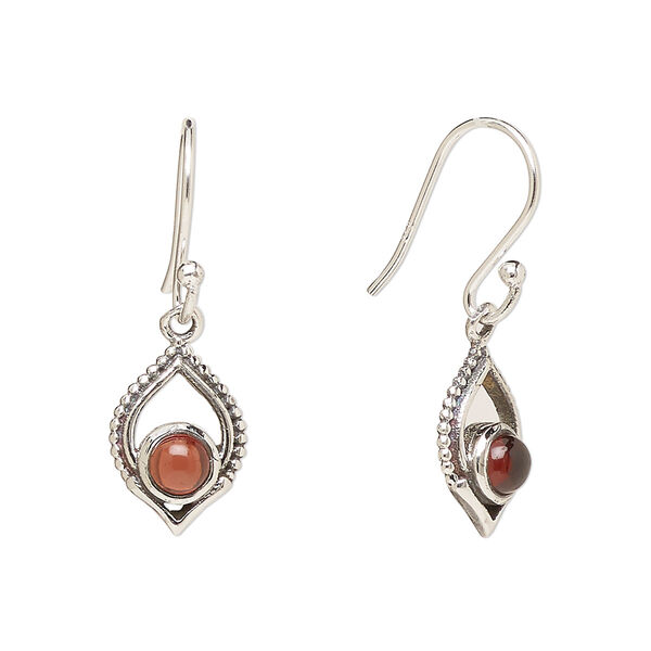Ear wire, Create Compliments®, antiqued sterling silver and garnet (natural), fishhook, 28mm with 13.5x9mm single-sided marquise, 21 gauge. Sold per pair. image number 0