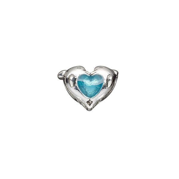 Bead, Dione®, glass and antique silver-plated pewter (tin-based alloy), blue, 16x11mm double-sided double dolphin with heart. Sold individually. image number 0