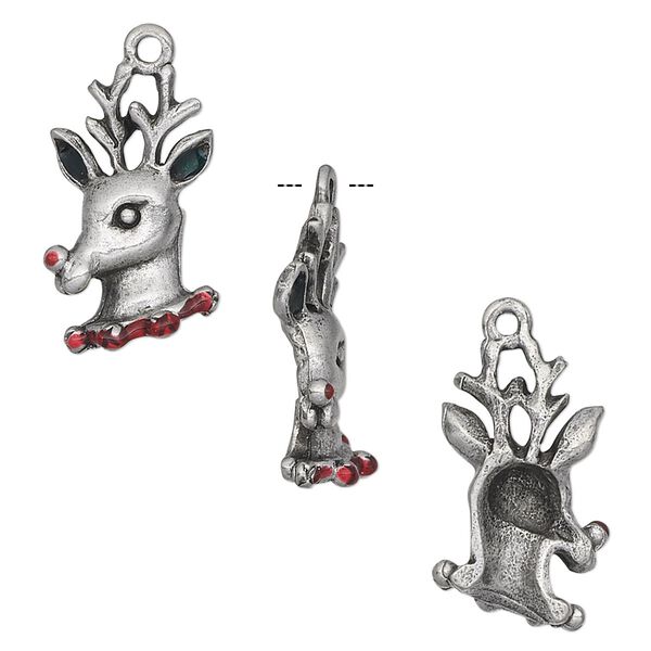 Charm, epoxy and pewter (tin-based alloy), red, 22x12mm single-sided reindeer. Sold per pkg of 2. image number 0