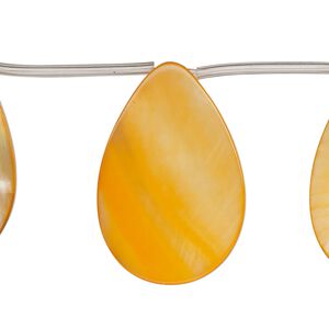Bead, mother-of-pearl shell (dyed), orange, 30x6mm-30x10mm top-drilled flat teardrop, Mohs hardness 3-1/2. Sold per 13-inch strand, approximately 10 beads.