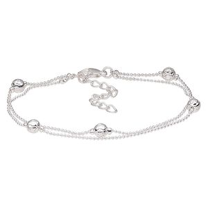 Bracelet, 2-strand, silver-plated brass, 5mm round rose, 7-1/2 inches with 2-inch extender chain and lobster claw clasp. Sold individually.