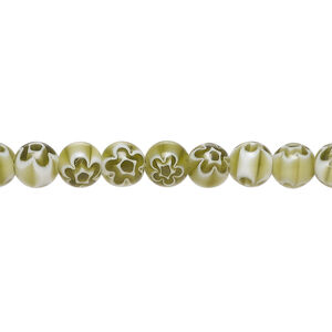 Bead, millefiori glass 1pkg1, translucent dark olive and white, 6mm round, 15 inches.