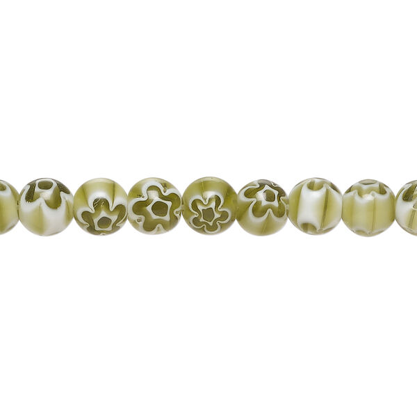 Bead, millefiori glass 1pkg1, translucent dark olive and white, 6mm round, 15 inches. image number 0