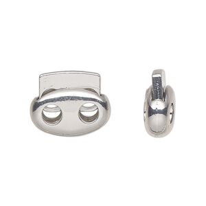 Cord lock, imitation rhodium-plated plated "pewter" (zinc-based alloy) and steel, 17x14.5mm flat oval with (2) holes. Sold per pkg of 6.