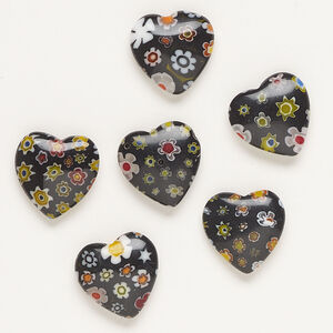 Bead, millefiori glass, opaque black and multicolored, 16-18mm half-drilled puffed heart. Sold per pkg of 6.
