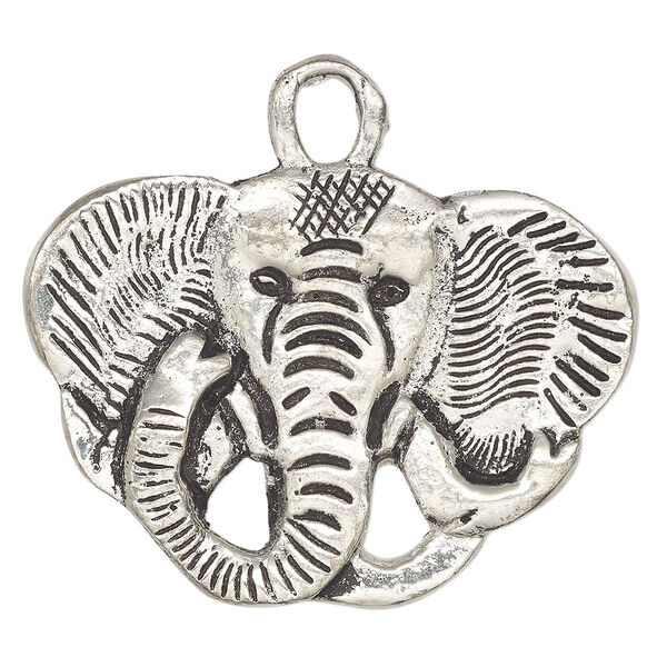 Pendant, antiqued aluminum, 57x52mm double-sided elephant head. Sold individually. image number 0