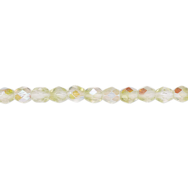 Bead, Czech fire-polished glass, two-tone, crystal/peridot green AB, 4mm faceted round. Sold per 15-1/2" to 16" strand. image number 0
