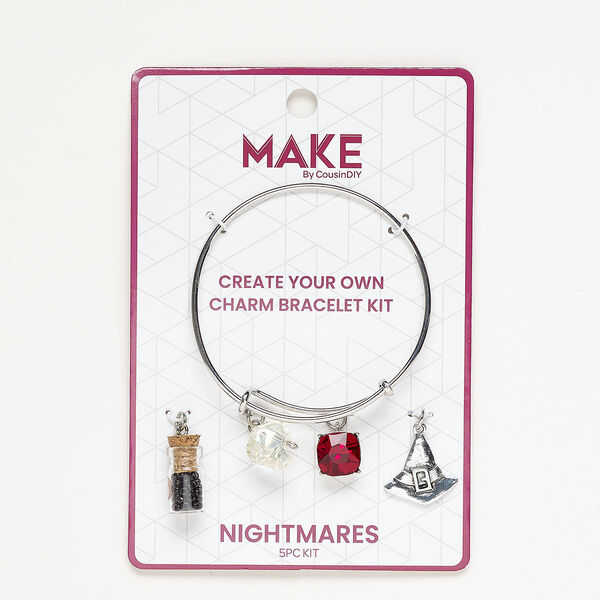 Bracelet and charm assortment, antique silver-finished brass / glass / cork, red / clear AB / black, Nightmares theme, 7-1/2 inches. Sold per 5-piece set. image number 0