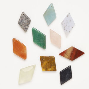 Multi-gemstone 1pkg10, top-drilled puffed / flat diamond drop mix 29x17mm-40x24mm