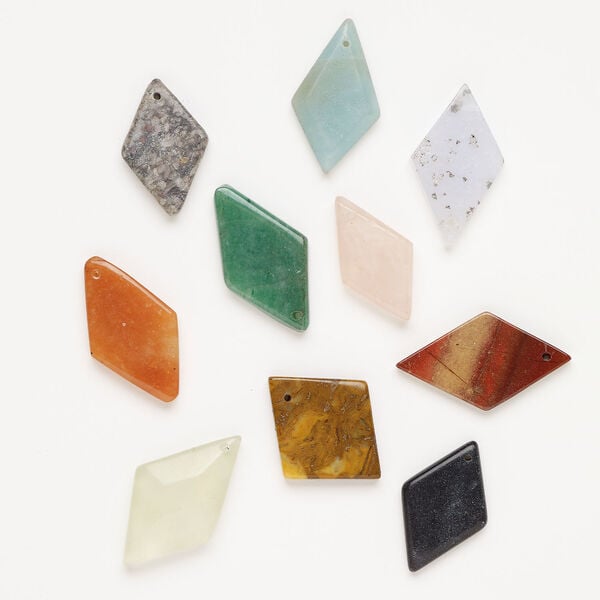Multi-gemstone 1pkg10, top-drilled puffed / flat diamond drop mix 29x17mm-40x24mm image number 0