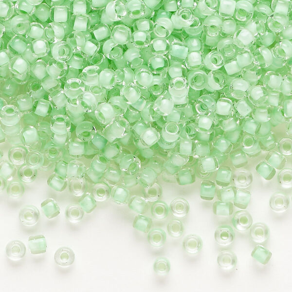Seed bead, Dyna-Mites™, glass, translucent inside color mint green, #8 round. Sold per 40-gram pkg. image number 0