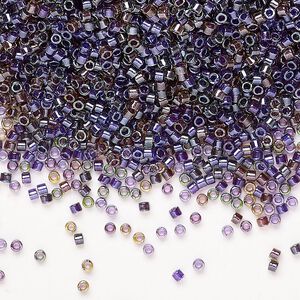 Seed bead mix, Miyuki Delica®, glass, pkg/50g, #11 round, translucent inside dyed color luster chartreuse/purple mix.