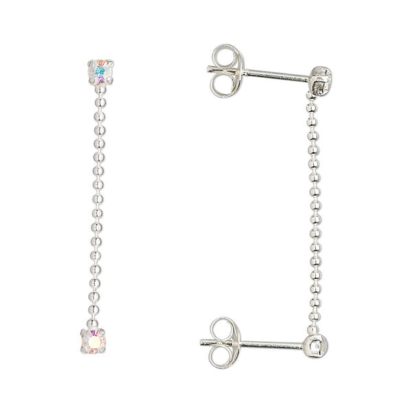 Earring, Create Compliments®, crystals and sterling silver, crystal AB, 29.5mm with 1mm ball chain and 2.5mm faceted round with post. Sold per pair. image number 0