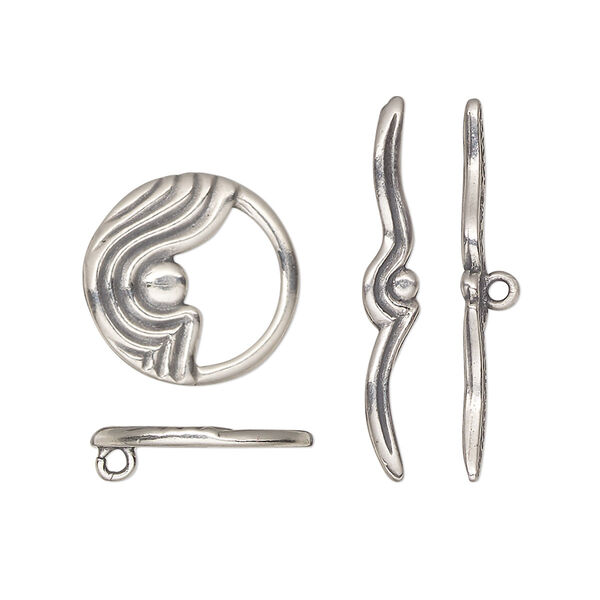 Clasp, JBB Findings, toggle, antiqued sterling silver, 15mm round with waves. Sold individually. image number 0
