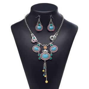 Necklace and earring set, acrylic rhinestone / acrylic / antique silver-plated brass / steel / "pewter" (zinc-based alloy), multicolored, 2-3/4 inch dangle, 18-inch necklace with 3-inch extender chain and lobster claw clasp, 48mm earrings with fishhook ear wire. Sold per set.