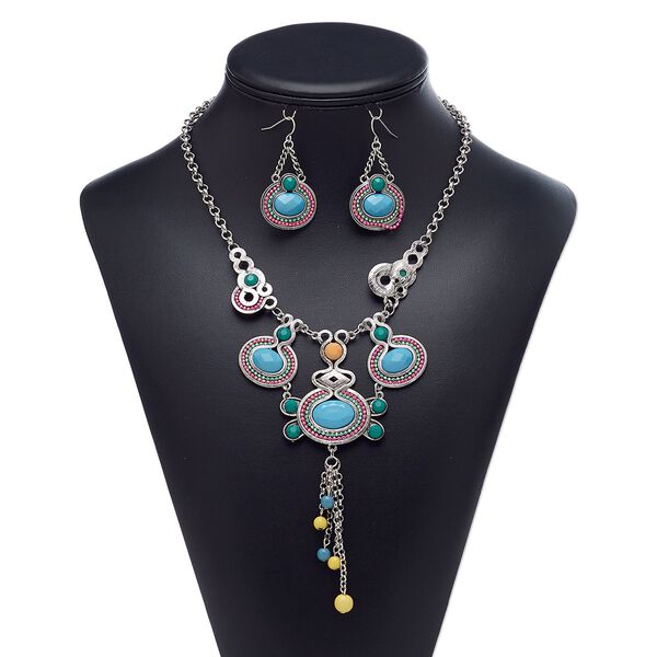 Necklace and earring set, acrylic rhinestone / acrylic / antique silver-plated brass / steel / "pewter" (zinc-based alloy), multicolored, 2-3/4 inch dangle, 18-inch necklace with 3-inch extender chain and lobster claw clasp, 48mm earrings with fishhook ear wire. Sold per set. image number 0