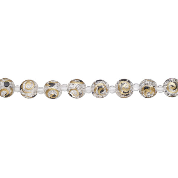Bead, glass 1pkg8, transparent black and gold, 12mm round with crackle finish and hand-painted spiral. image number 1