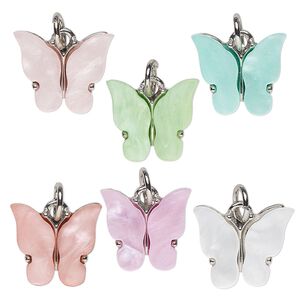 Drop, imitation rhodium-finished "pewter" (zinc-based alloy) and acrylic, mixed colors, 14x12mm butterfly with jump ring. Sold per pkg of 6.