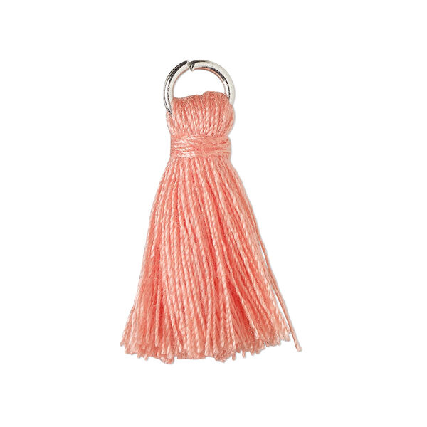 Tassel, cotton and imitation rhodium-finished steel, salmon, 20-24mm mini tassel with 6mm open jump ring. Sold per pkg of 6. image number 0