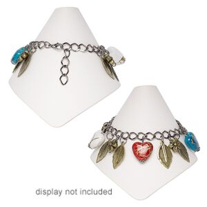 Bracelet, acrylic / brass / gunmetal- / antique brass-plated steel, multicolored,  10mm flower / 17mm puffed heart / 20x13mm leaves, 5-1/2 inches with 2-1/2 inch extender chain and lobster claw clasp. Sold individually.