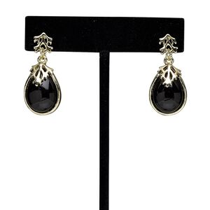 Earring, acrylic / steel / gold-finished "pewter" (zinc-based alloy), black, 33mm with teardrop and post. Sold per pair.