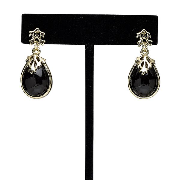 Earring, acrylic / steel / gold-finished "pewter" (zinc-based alloy), black, 33mm with teardrop and post. Sold per pair. image number 0
