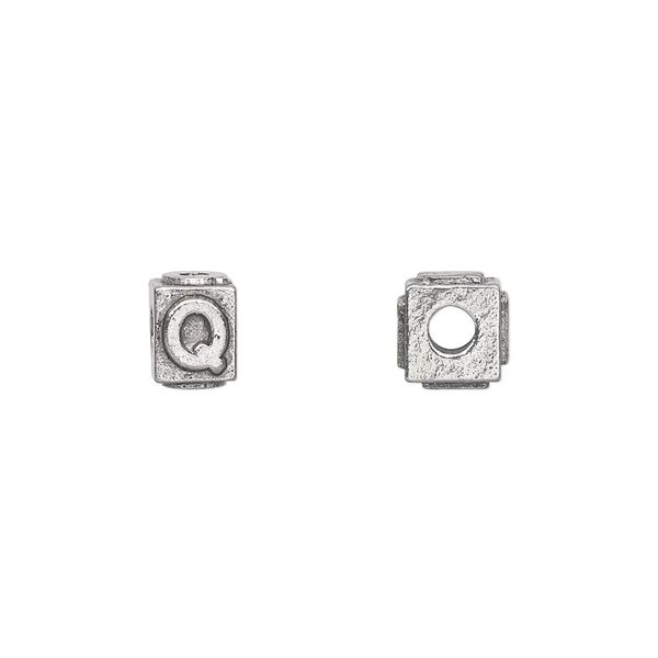 Bead, antiqued pewter (tin-based alloy), 8x6mm rectangle with alphabet letter "Q". Sold per pkg of 4. image number 0